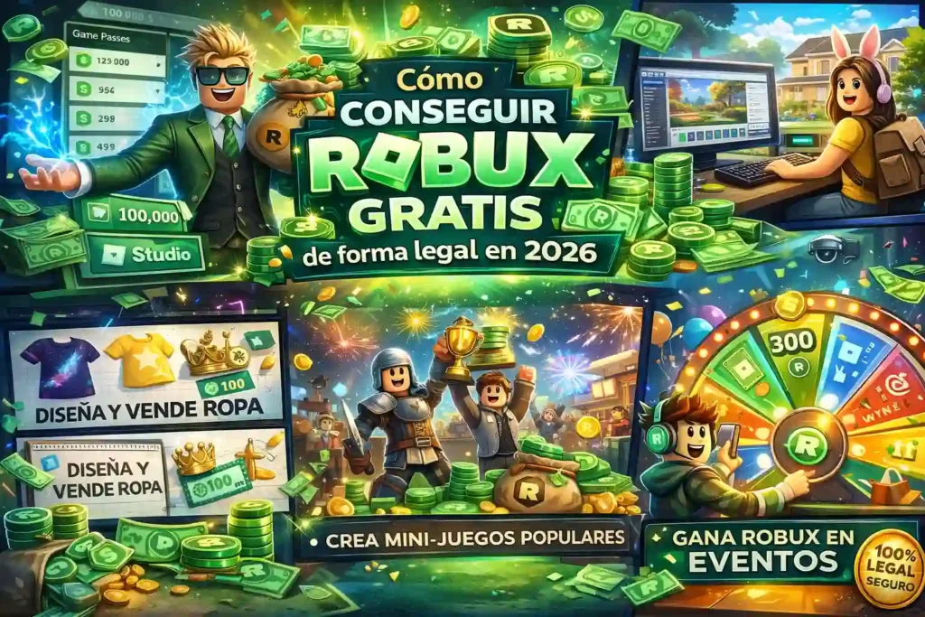 Guía visual sobre cómo conseguir Robux gratis en 2026 mostrando creación de juegos, diseño de ropa y participación en eventos dentro de Roblox con monedas virtuales.