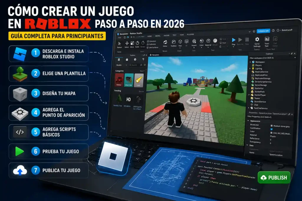 Tutorial paso a paso para crear un juego en Roblox mostrando la interfaz de Roblox Studio con un personaje, herramientas de desarrollo y pasos para diseñar y publicar un juego.