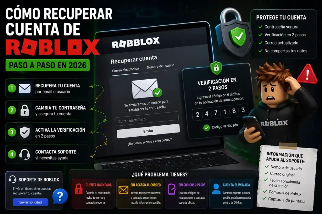 Guía para recuperar cuenta de Roblox mostrando pasos como restablecer contraseña, verificación en dos pasos y contacto con soporte en una interfaz digital con elementos de seguridad.