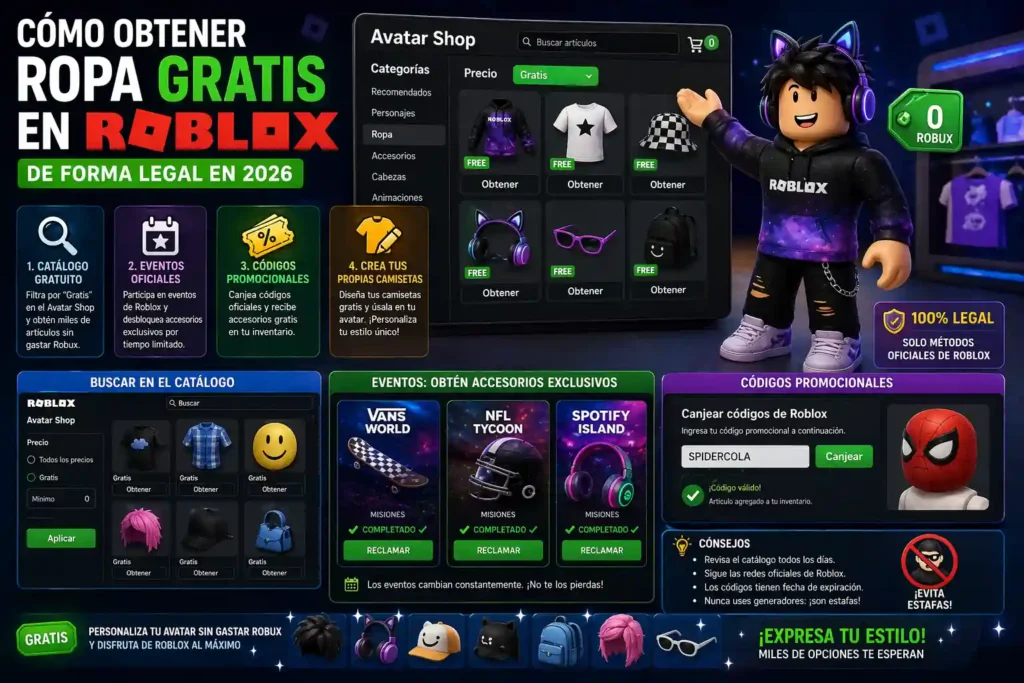Guía para obtener ropa gratis en Roblox mostrando el Avatar Shop con artículos gratuitos, eventos, códigos promocionales y opciones para personalizar el avatar sin gastar Robux.