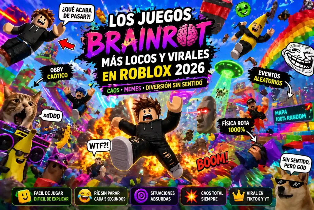Imagen caótica de juegos brainrot en Roblox con explosiones, memes, personajes cayendo y escenarios coloridos que representan diversión absurda y viral en 2026.