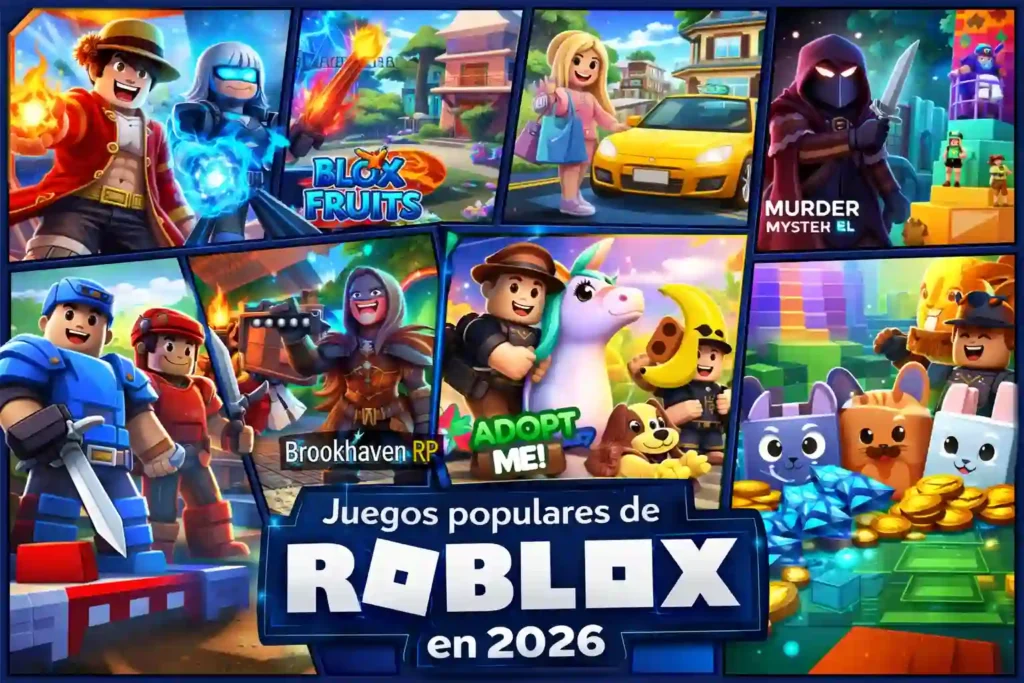 Collage de juegos populares de Roblox en 2026 con personajes de Blox Fruits, Brookhaven RP, Adopt Me! y Murder Mystery en escenarios coloridos y dinámicos.