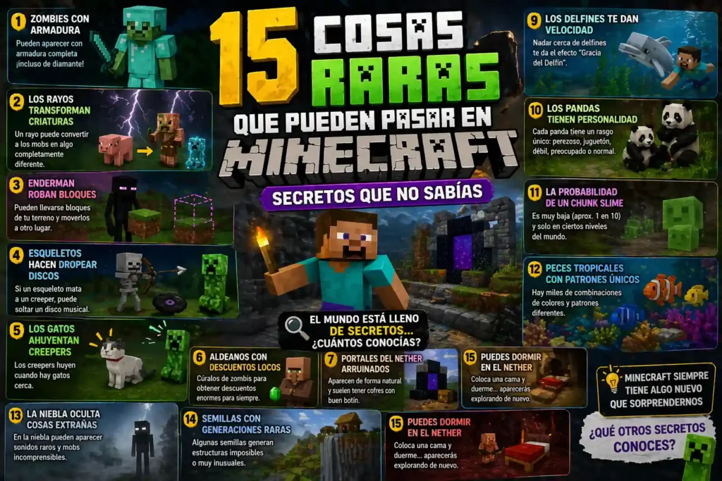 Infografía de Minecraft con 15 cosas raras como zombies con armadura, enderman moviendo bloques y portales del Nether, mostrando secretos y curiosidades del juego.