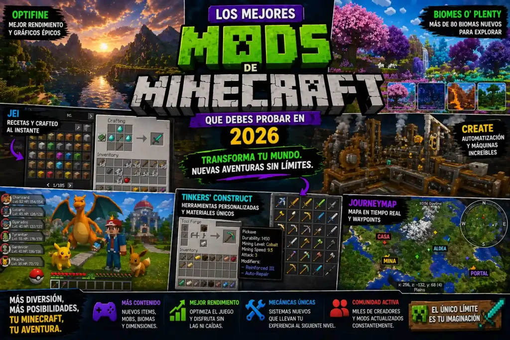 Collage de mods de Minecraft mostrando Optifine, Biomes O’ Plenty, Tinkers’ Construct, JourneyMap y sistemas de automatización con nuevas herramientas, biomas y mapas.