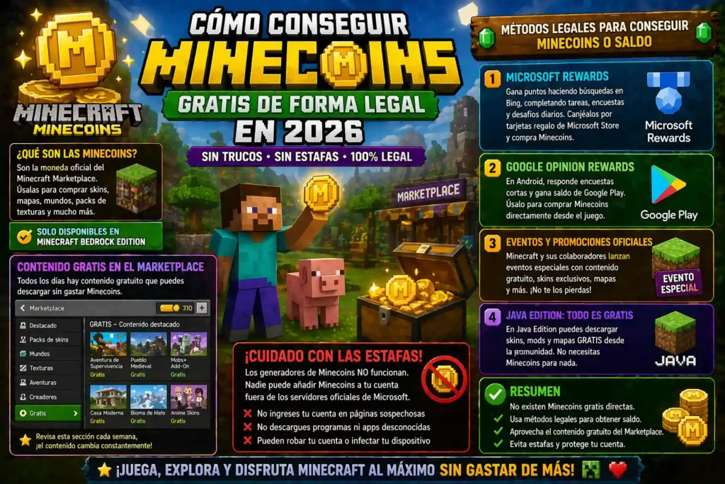 Guía para conseguir Minecoins gratis en Minecraft mostrando métodos legales como Microsoft Rewards, Google Opinion Rewards, eventos oficiales y advertencias sobre estafas.