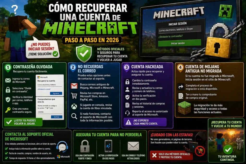 Guía para recuperar cuenta de Minecraft mostrando opciones como contraseña olvidada, cuenta hackeada, verificación de identidad y contacto con soporte de Microsoft.