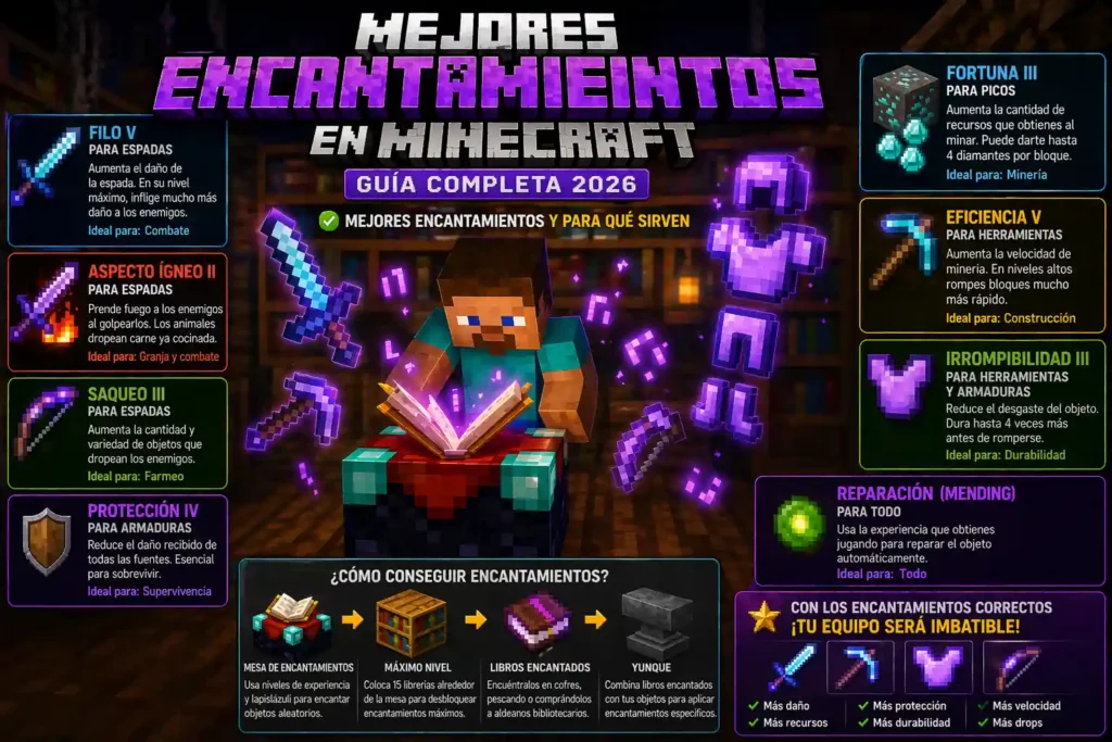 Guía de encantamientos en Minecraft mostrando mesa de encantamientos, armas, armaduras y efectos como filo, protección, eficiencia y fortuna con explicaciones visuales.