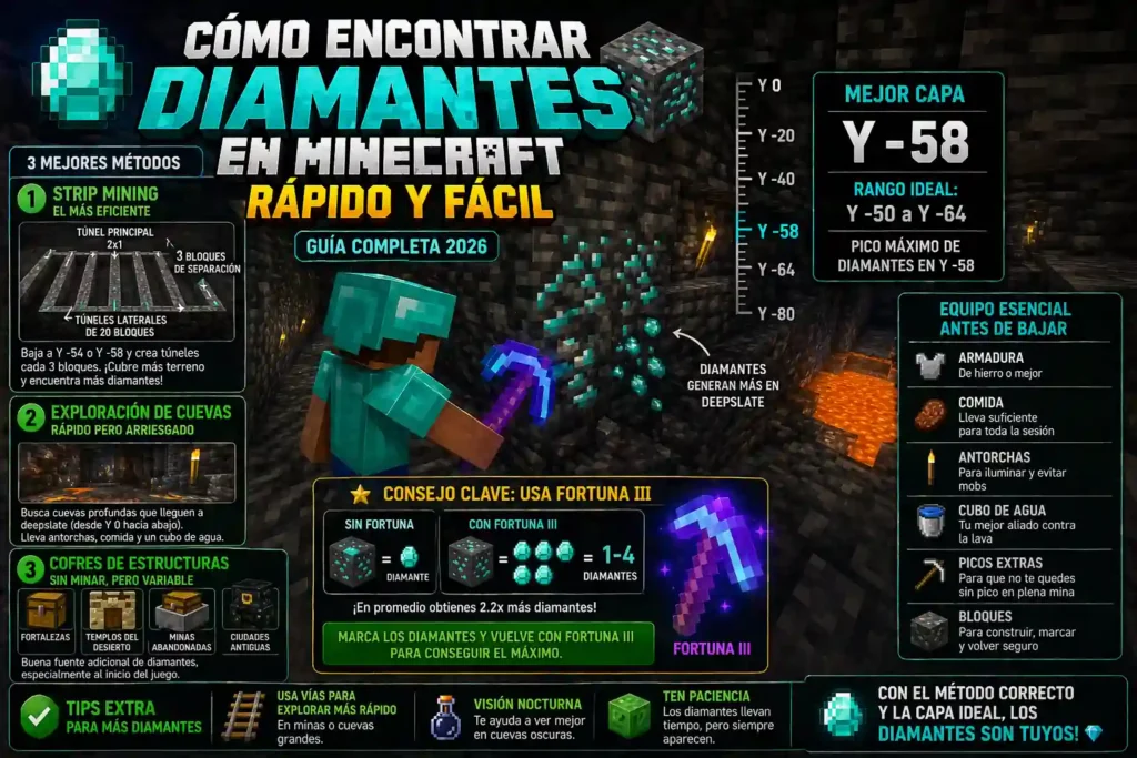Guía para encontrar diamantes en Minecraft mostrando minería en capa Y-58, uso de pico con Fortuna III y métodos como strip mining y exploración de cuevas.