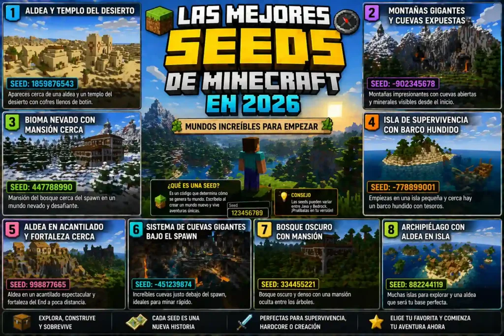 Listado de seeds de Minecraft mostrando diferentes mundos como aldeas en desierto, montañas, islas, cuevas gigantes y mansiones con sus códigos para generar mapas.