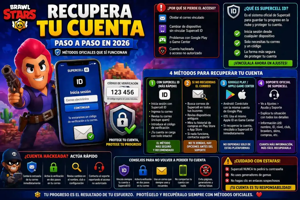 Guía para recuperar cuenta de Brawl Stars mostrando inicio de sesión con Supercell ID, verificación por código, opciones de recuperación y consejos de seguridad contra hackeos.