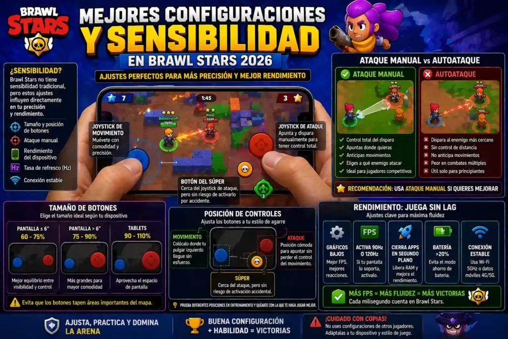 Guía de configuraciones en Brawl Stars mostrando controles en pantalla, ataque manual vs autoataque, ajustes de botones y optimización de rendimiento para mejorar la jugabilidad.