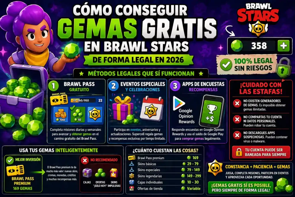 Guía para conseguir gemas gratis en Brawl Stars mostrando métodos legales como Brawl Pass, eventos y apps de recompensas junto a advertencias sobre estafas.