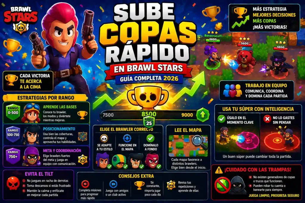 Guía para subir copas en Brawl Stars mostrando estrategias, selección de brawlers, trabajo en equipo y progreso de rangos con trofeos.